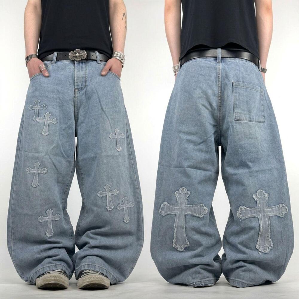 Vintage y2k grunge faded archive baggy cross embroidered skater jeans